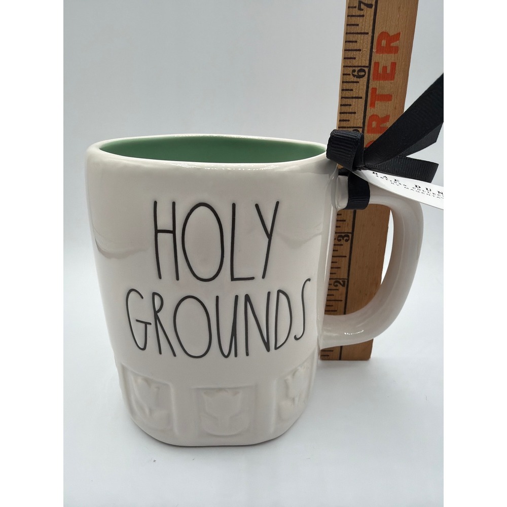 Rae Dunn HOLY GROUNDS Mug Green Interior Faith Coffee Mug NWT